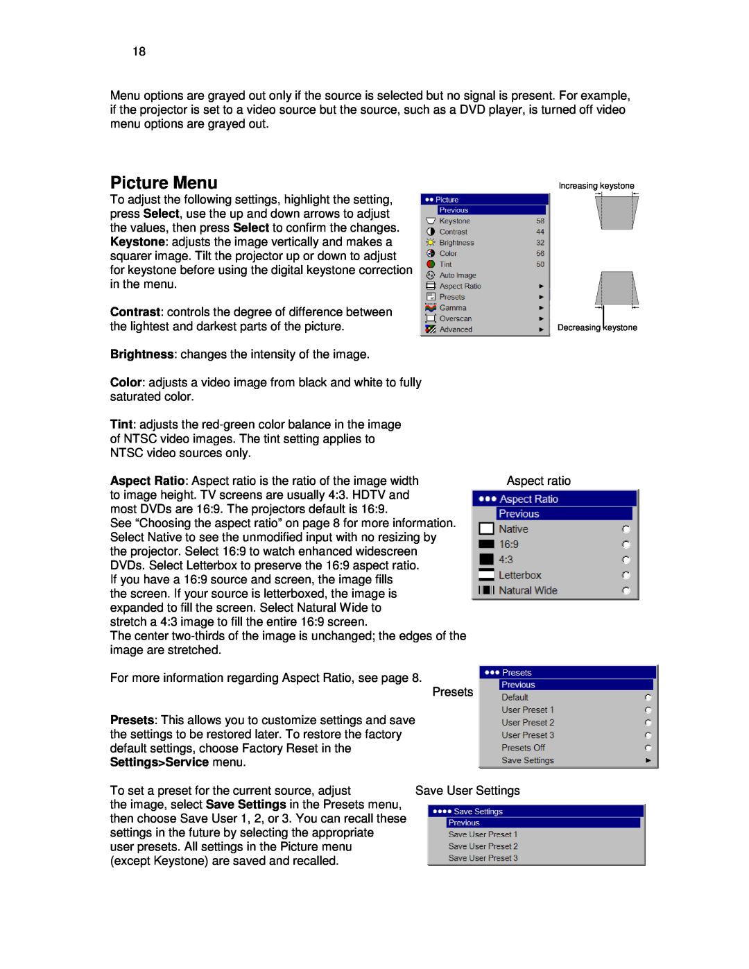 Knoll Systems HDP404 user manual Picture Menu, SettingsService menu 