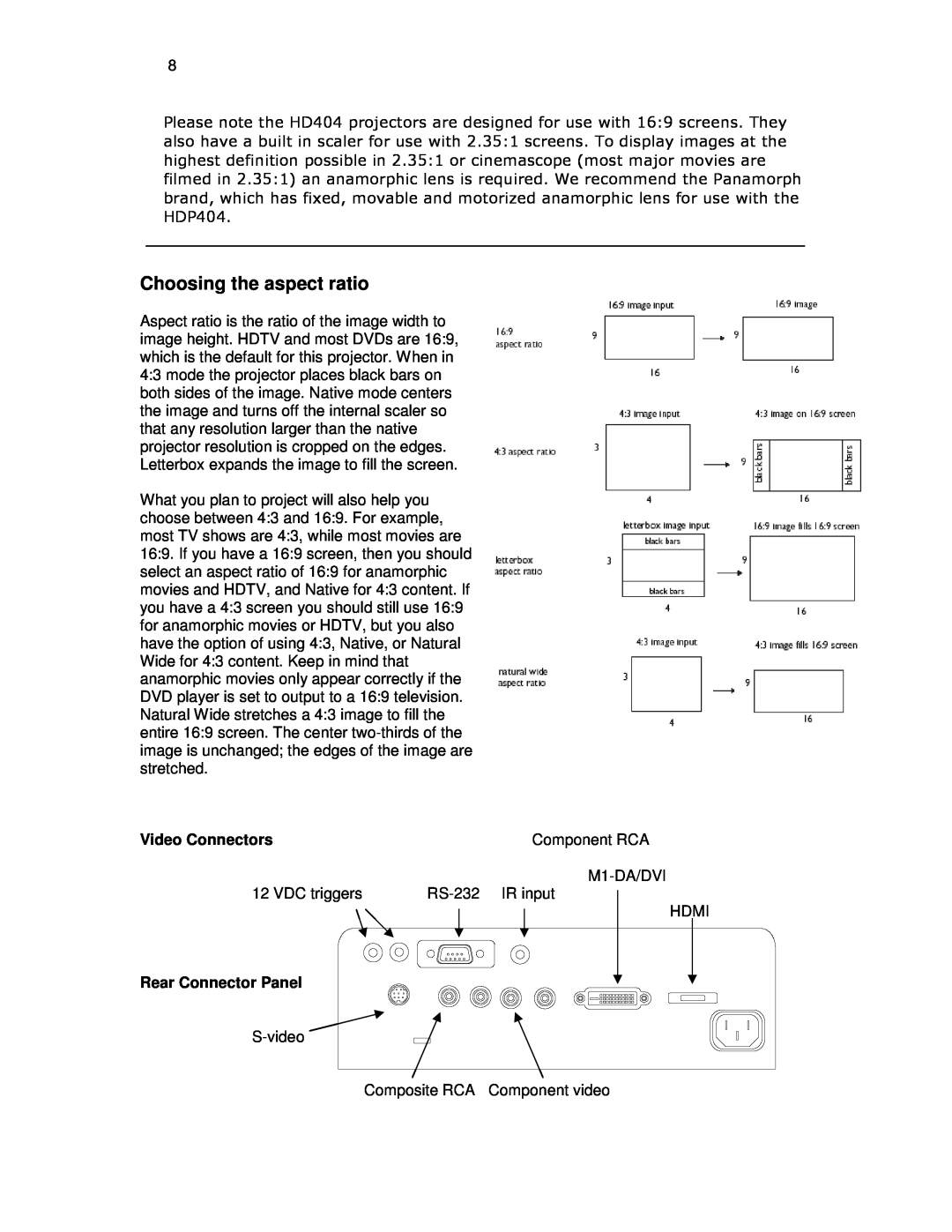 Knoll Systems HDP404 user manual Choosing the aspect ratio, Video Connectors, Rear Connector Panel 