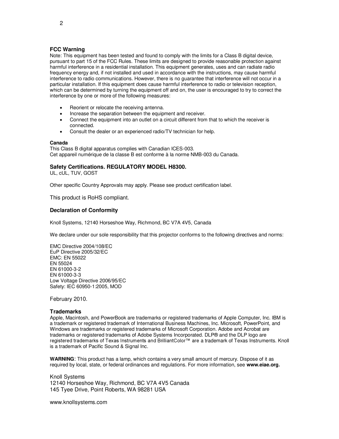 Knoll Systems HDP6000 FCC Warning, Safety Certifications. Regulatory Model H8300, Declaration of Conformity, Trademarks 