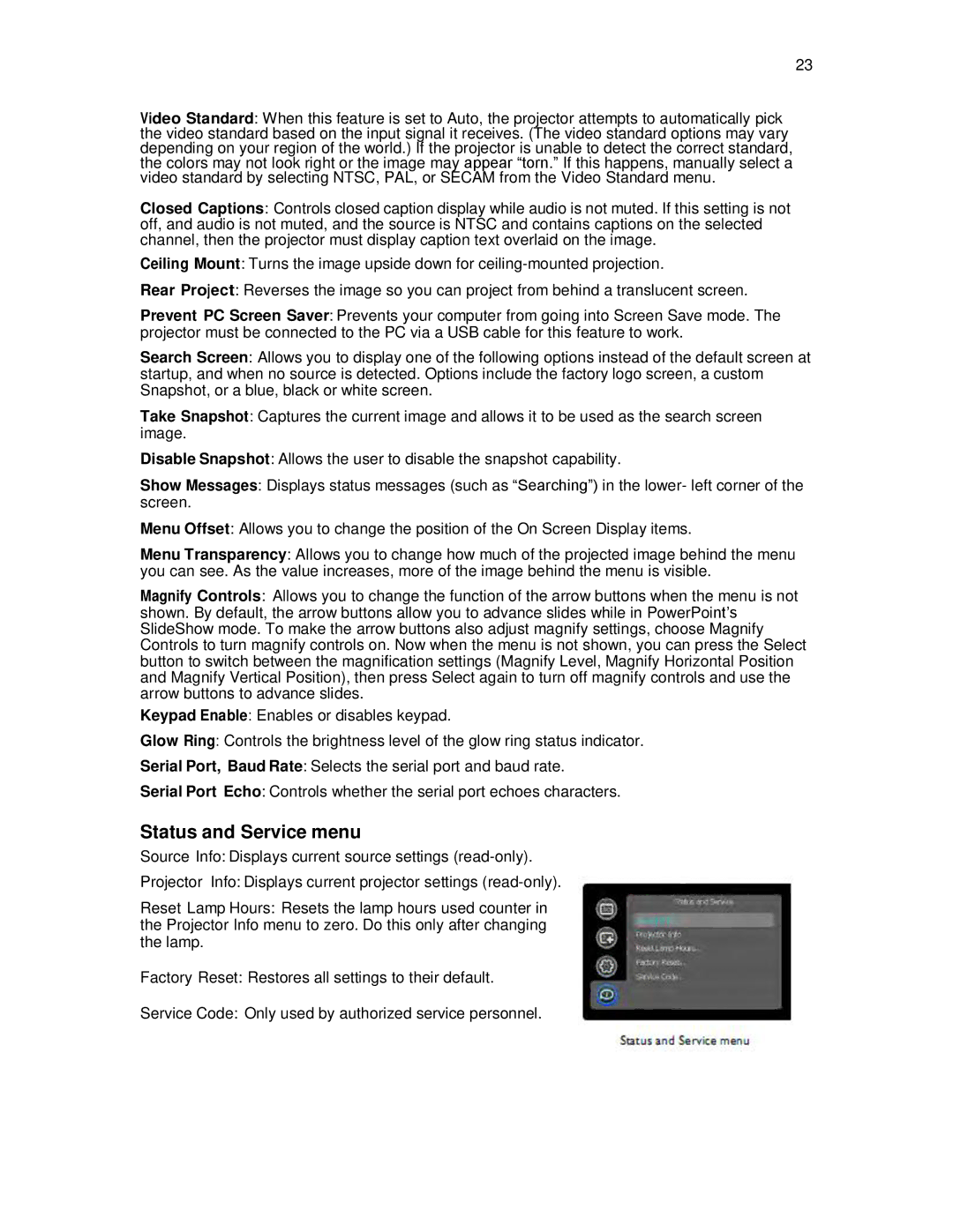 Knoll Systems HDP6000 user manual Status and Service menu 