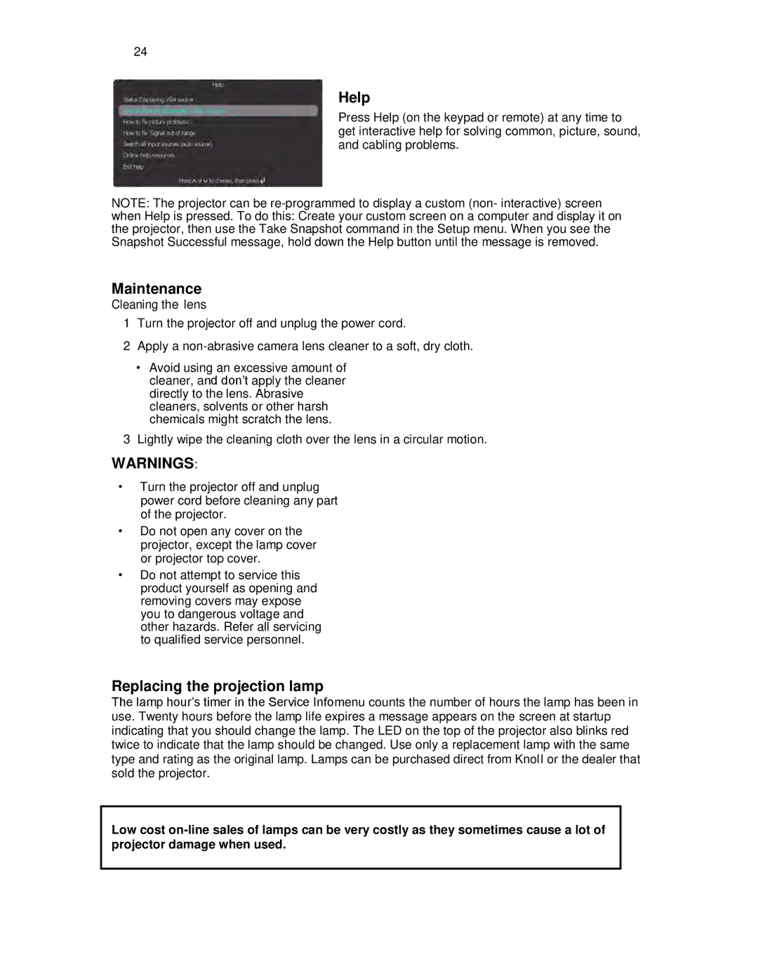 Knoll Systems HDP6000 user manual Help, Maintenance, Replacing the projection lamp 