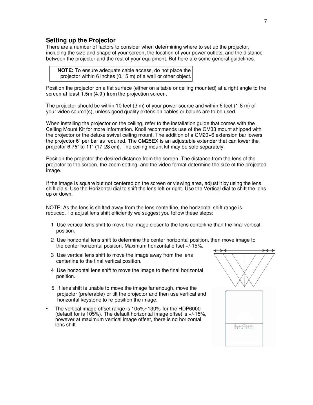 Knoll Systems HDP6000 user manual Setting up the Projector 