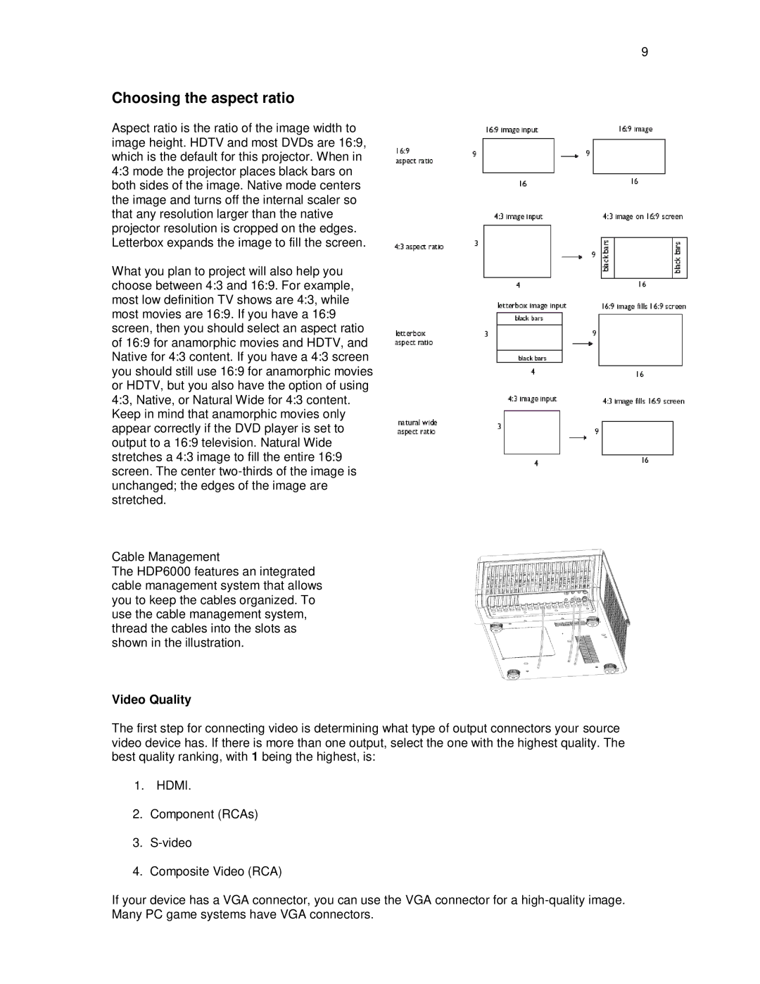 Knoll Systems HDP6000 user manual Choosing the aspect ratio, Video Quality 
