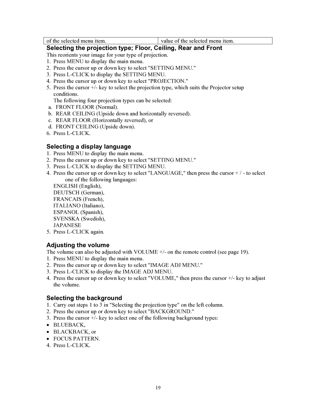 Knoll Systems HT200 user manual Selecting a display language, Adjusting the volume, Selecting the background 