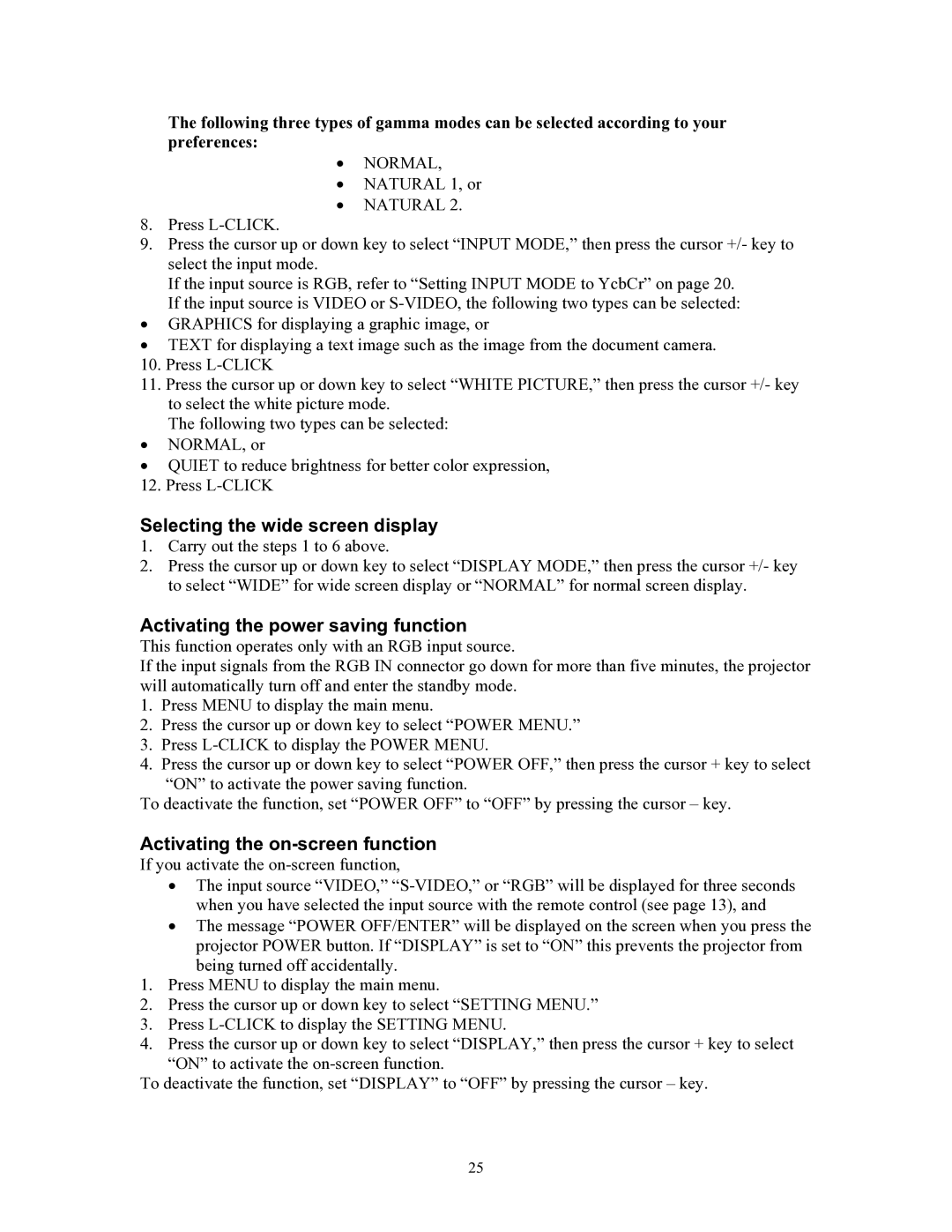 Knoll Systems HT200 user manual Selecting the wide screen display, Activating the power saving function 