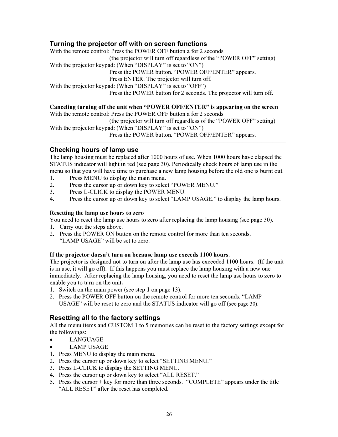 Knoll Systems HT200 user manual Turning the projector off with on screen functions, Checking hours of lamp use 