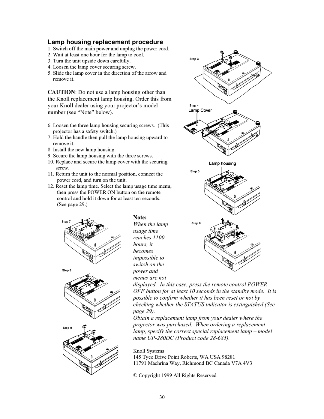 Knoll Systems HT200 user manual Lamp housing replacement procedure 