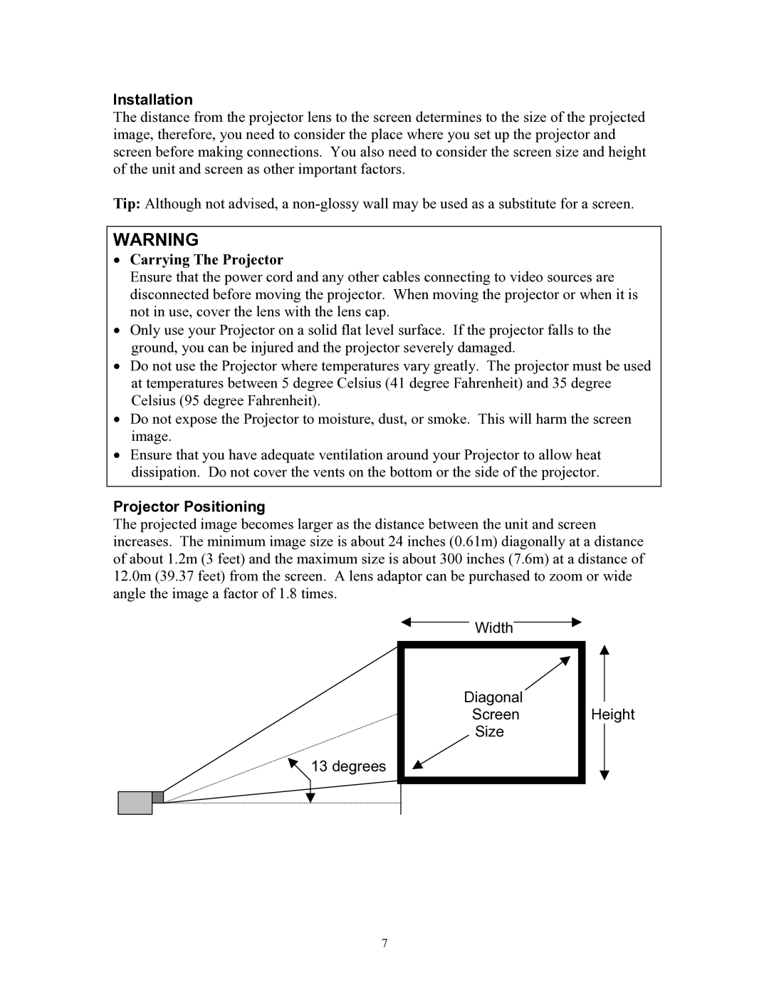 Knoll Systems HT200 user manual Installation, Carrying The Projector, Projector Positioning 