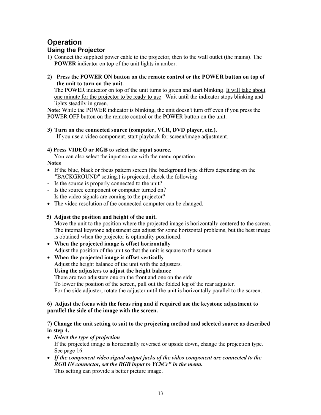 Knoll Systems HT211, HT201 user manual Operation, Using the Projector 