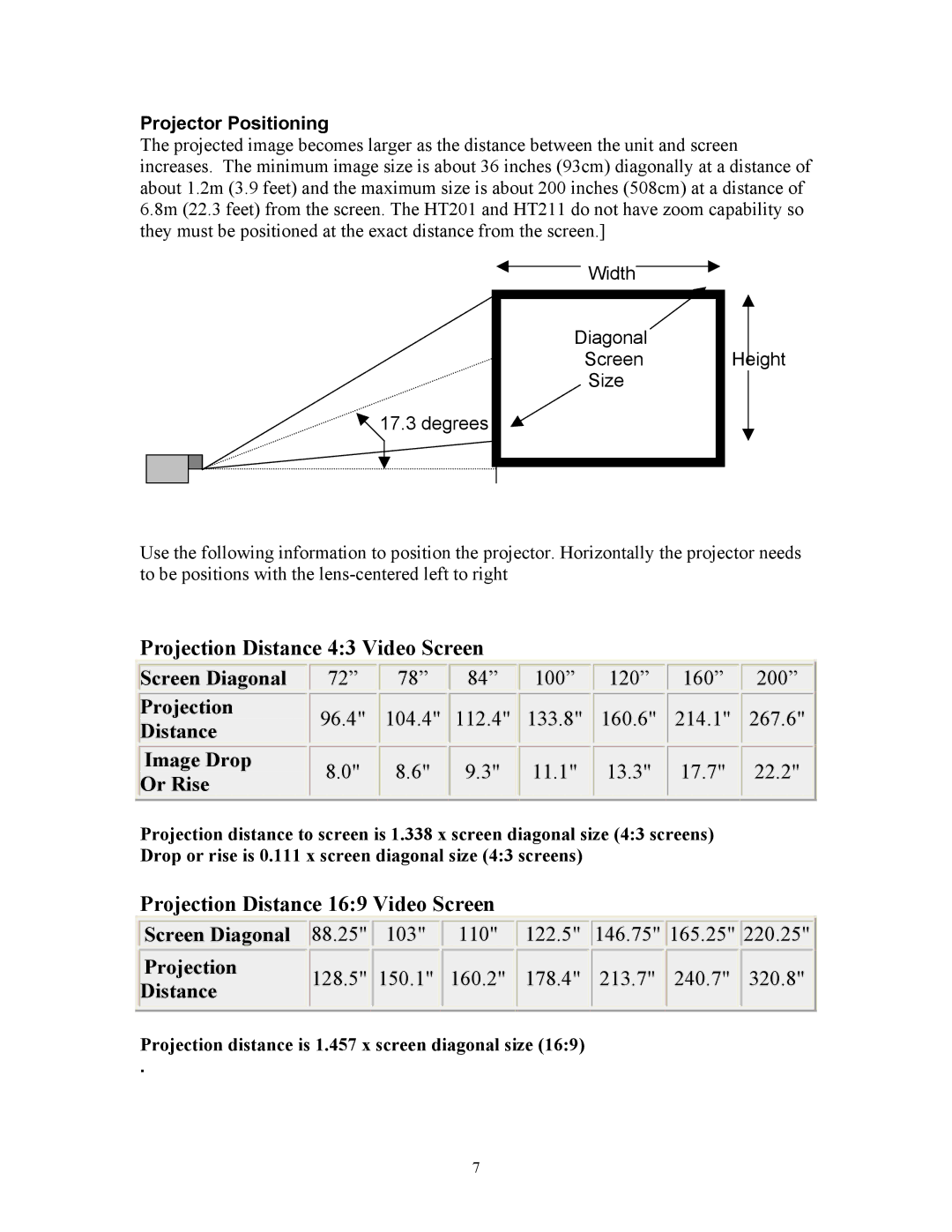 Knoll Systems HT211, HT201 user manual Projector Positioning, Projection distance is 1.457 x screen diagonal size 