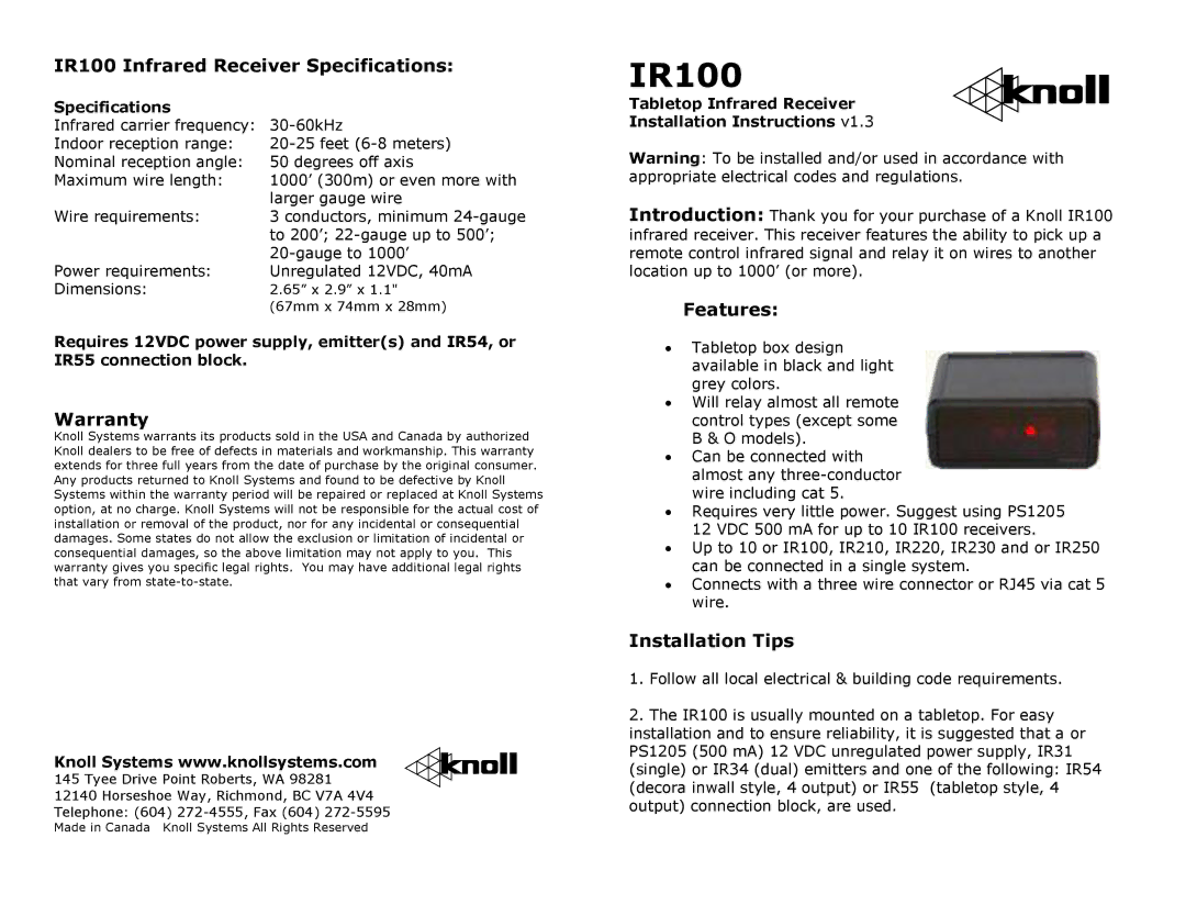 Knoll Systems warranty IR100 Infrared Receiver Specifications, Warranty, Features, Installation Tips 