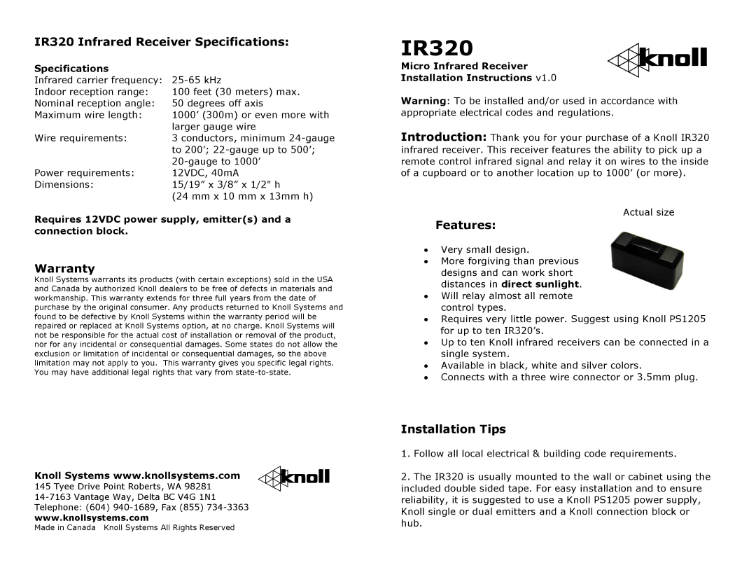 Knoll Systems warranty IR320 Infrared Receiver Specifications, Warranty, Features, Installation Tips 