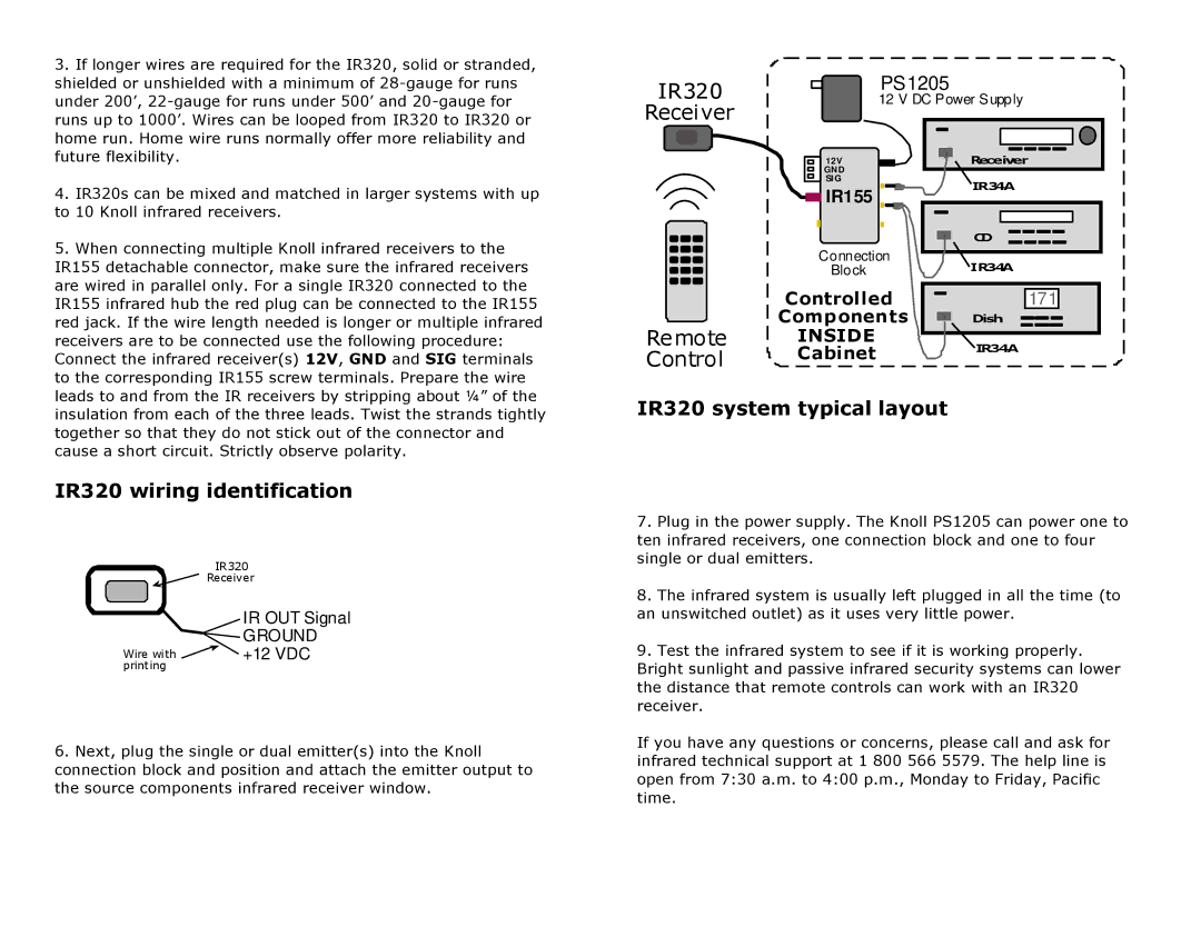 Knoll Systems warranty IR320 wiring identification, IR320 system typical layout 