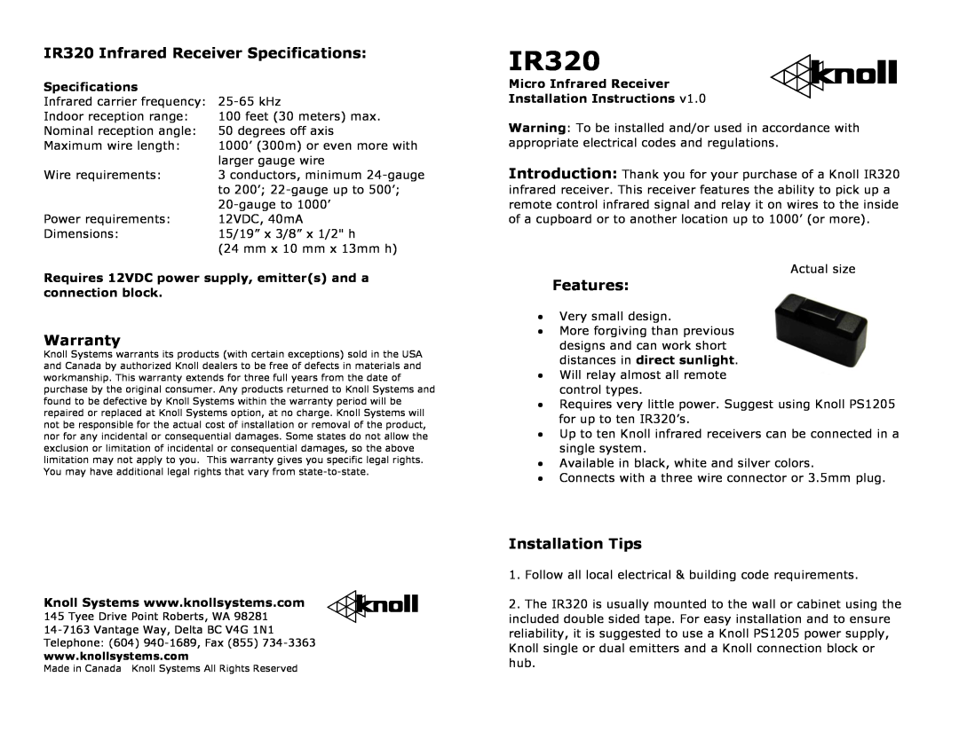 Knoll Systems warranty IR320 Infrared Receiver Specifications, Warranty, Features, Installation Tips 