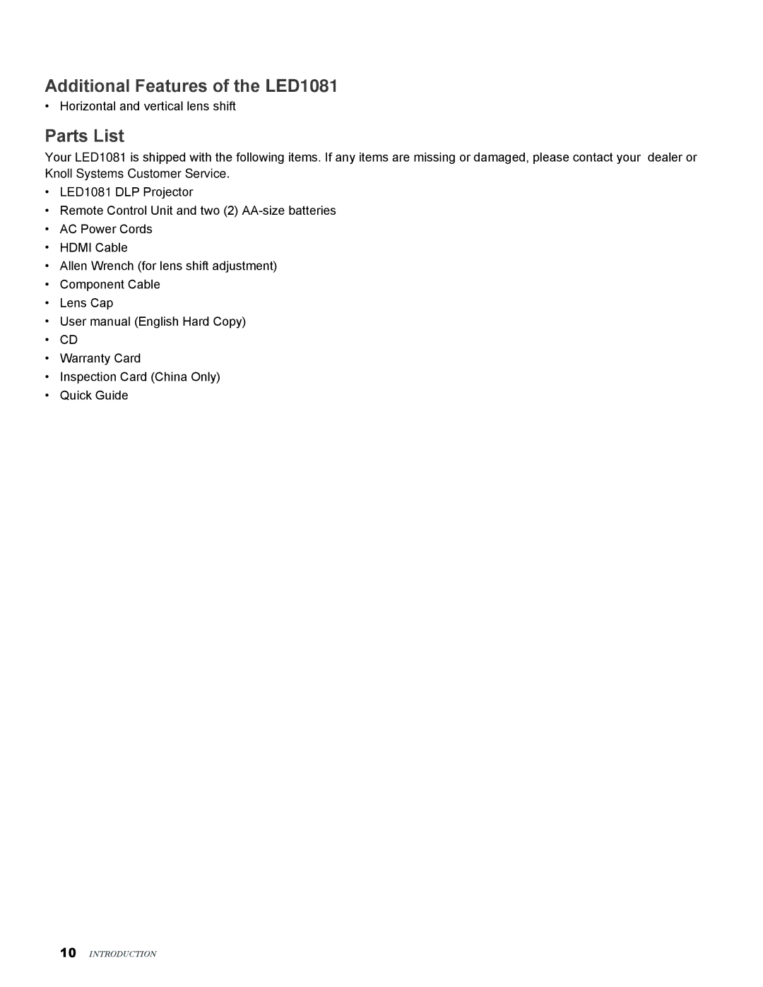 Knoll Systems user manual Additional Features of the LED1081, Parts List 