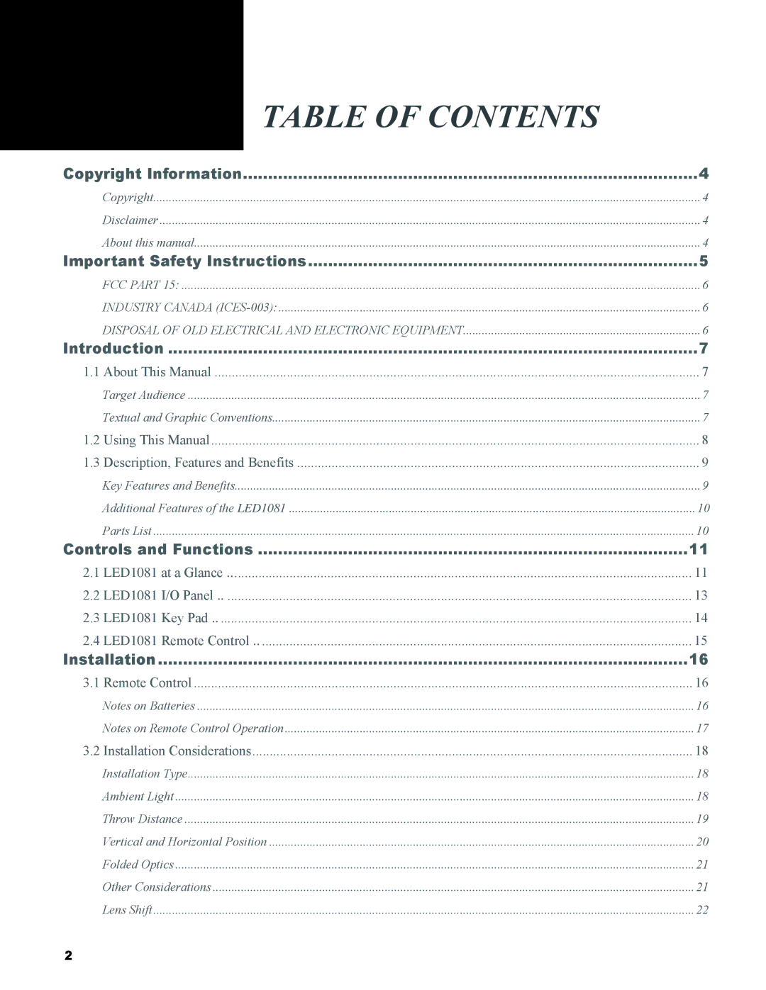 Knoll Systems LED1081 user manual Table of Contents 