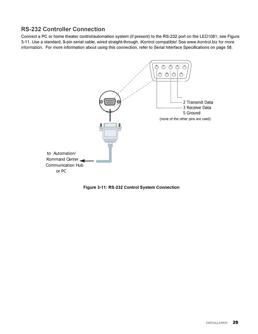 Knoll Systems LED1081 user manual RS-232 Controller Connection, 11 RS-232 Control System Connection 