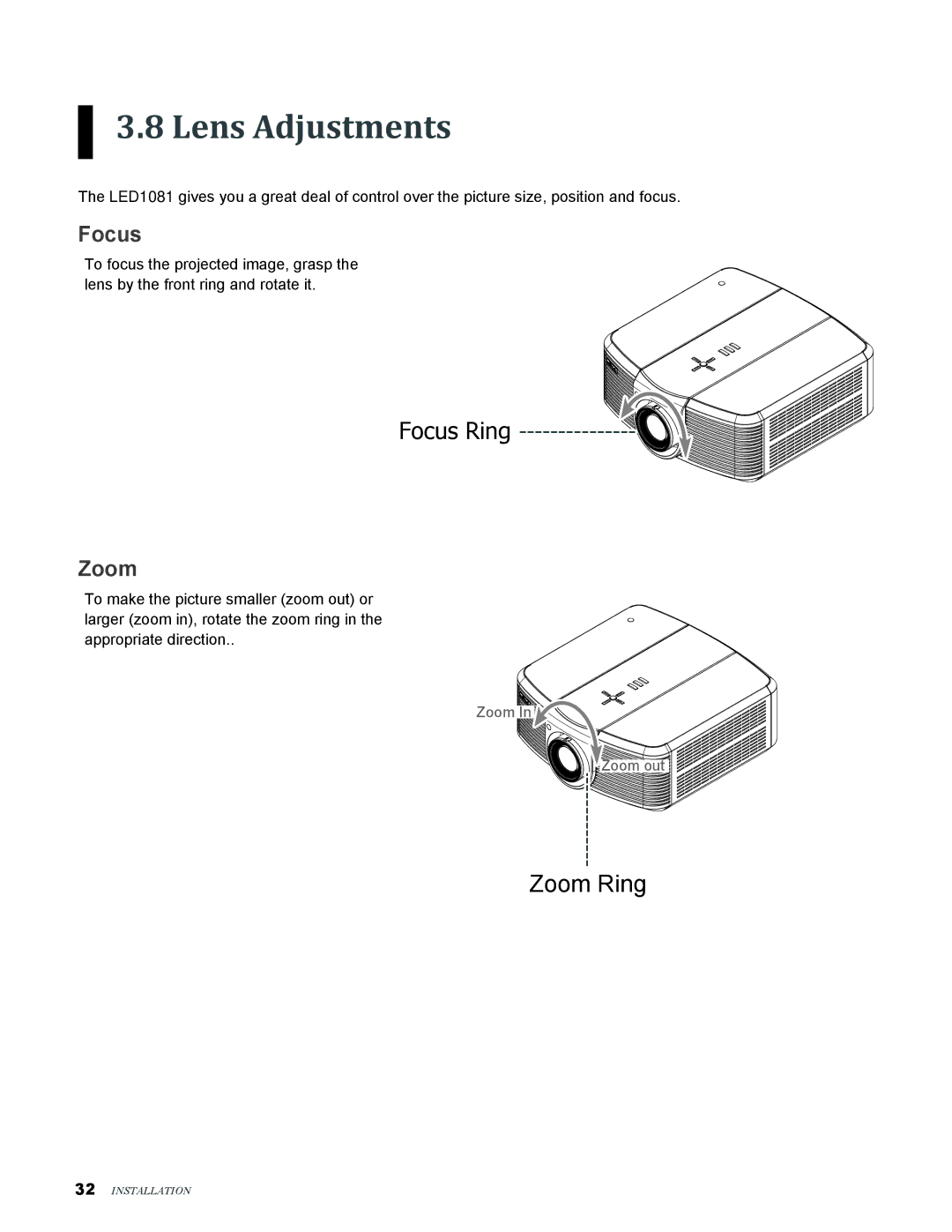 Knoll Systems LED1081 user manual Lens Adjustments, Focus, Zoom 