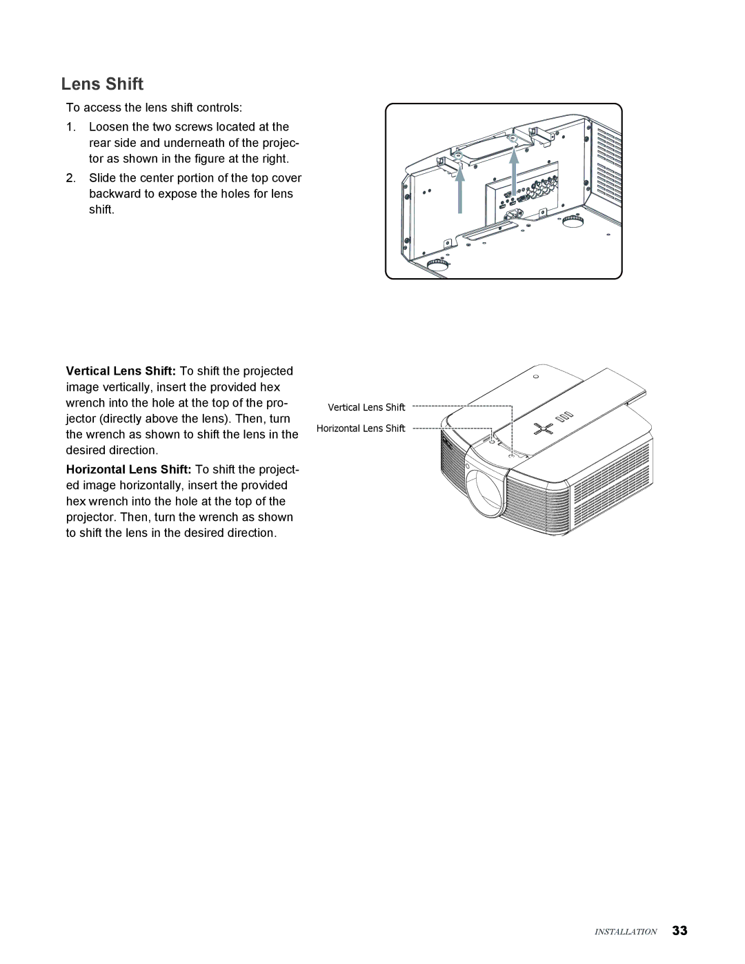 Knoll Systems LED1081 user manual Vertical Lens Shift Horizontal Lens Shift 