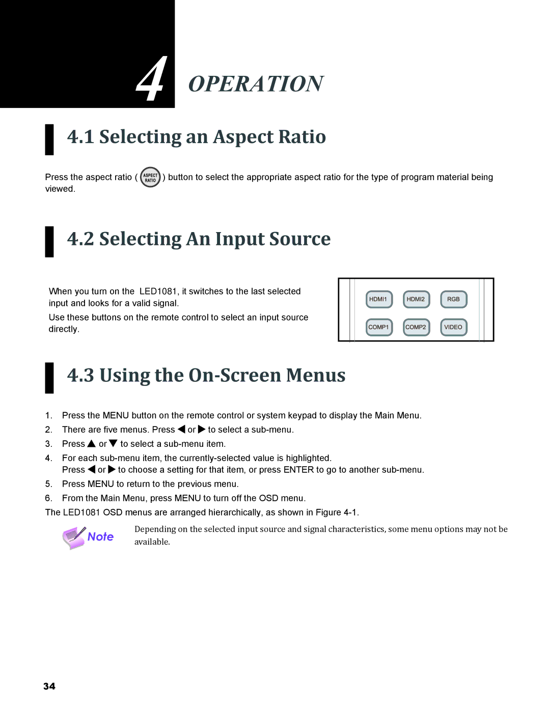 Knoll Systems LED1081 Operation, Selecting an Aspect Ratio, Selecting An Input Source, Using the On-Screen Menus 