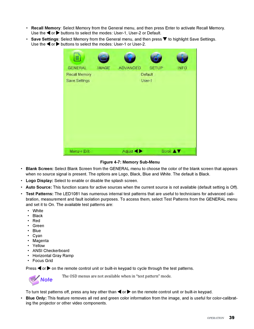 Knoll Systems LED1081 user manual Memory Sub-Menu 