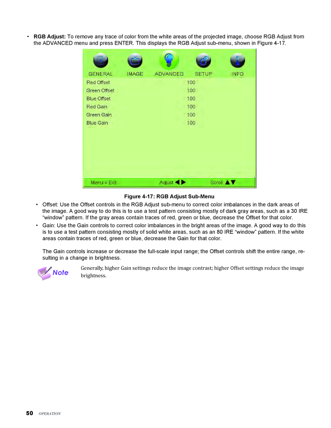 Knoll Systems LED1081 user manual RGB Adjust Sub-Menu 