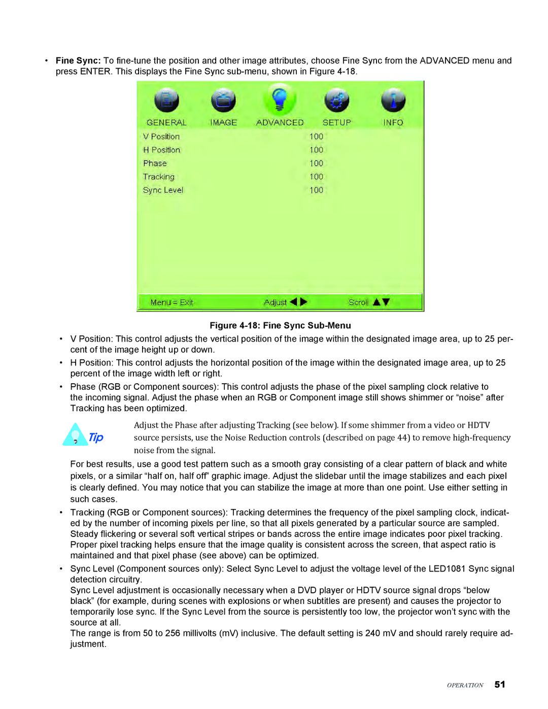 Knoll Systems LED1081 user manual Fine Sync Sub-Menu 