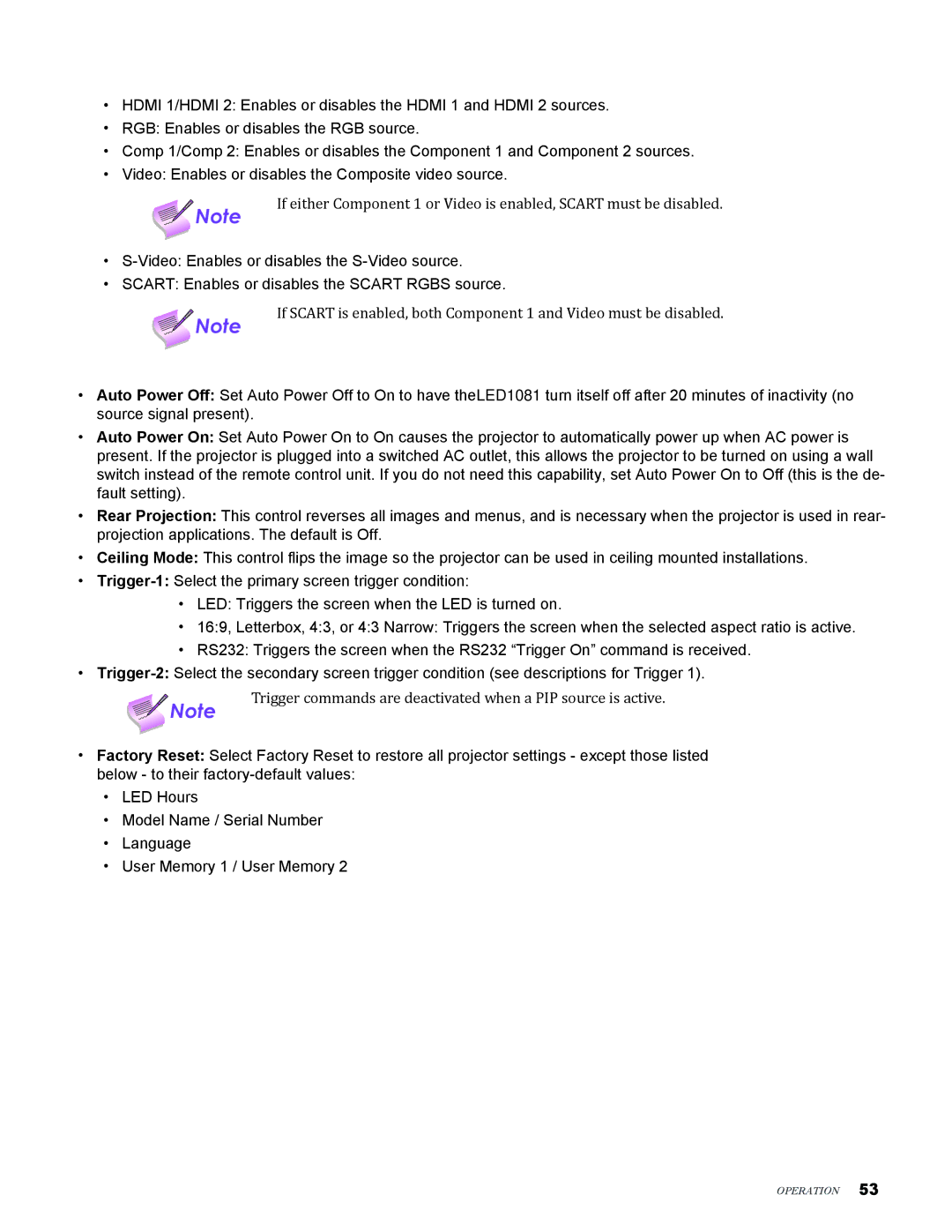 Knoll Systems LED1081 user manual Trigger commands are deactivated when a PIP source is active 