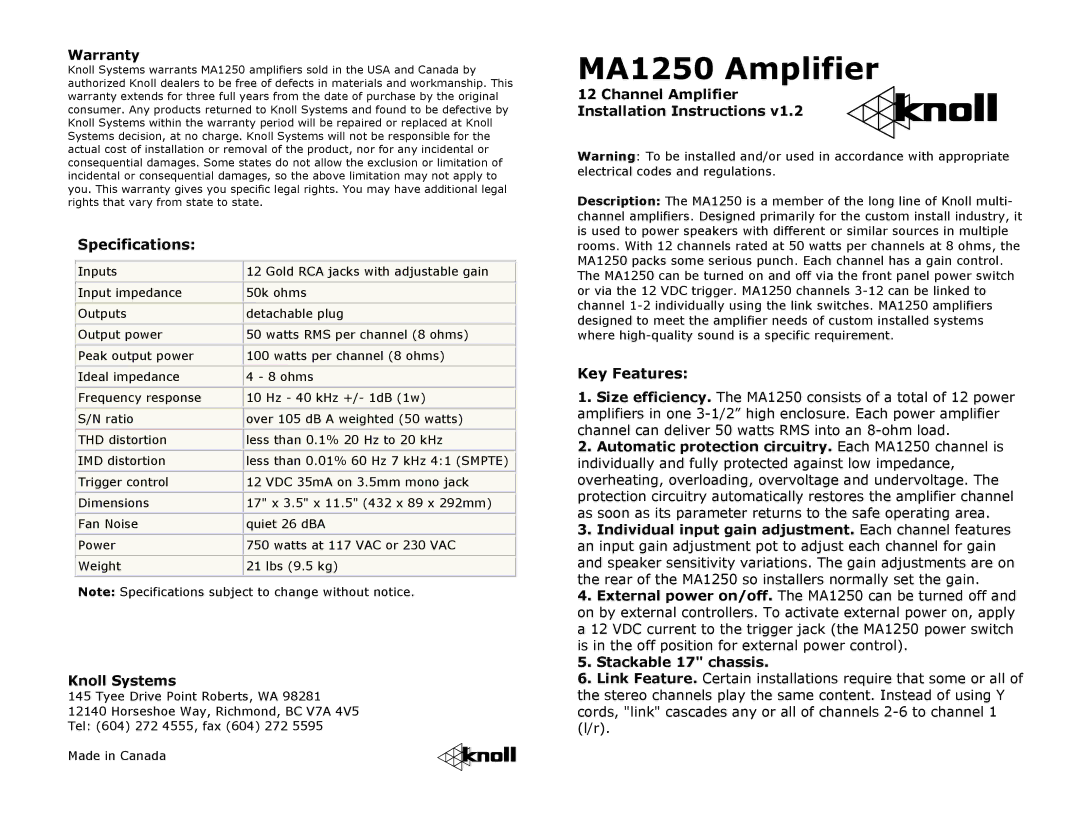 Knoll Systems MA1250 specifications Warranty, Knoll Systems, Channel Amplifier Installation Instructions 