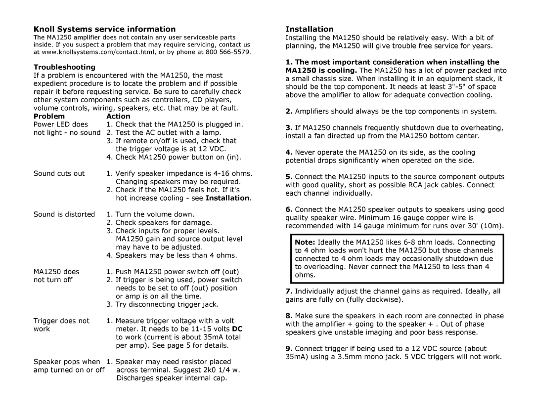 Knoll Systems MA1250 specifications Knoll Systems service information, Installation, Troubleshooting, Problem Action 