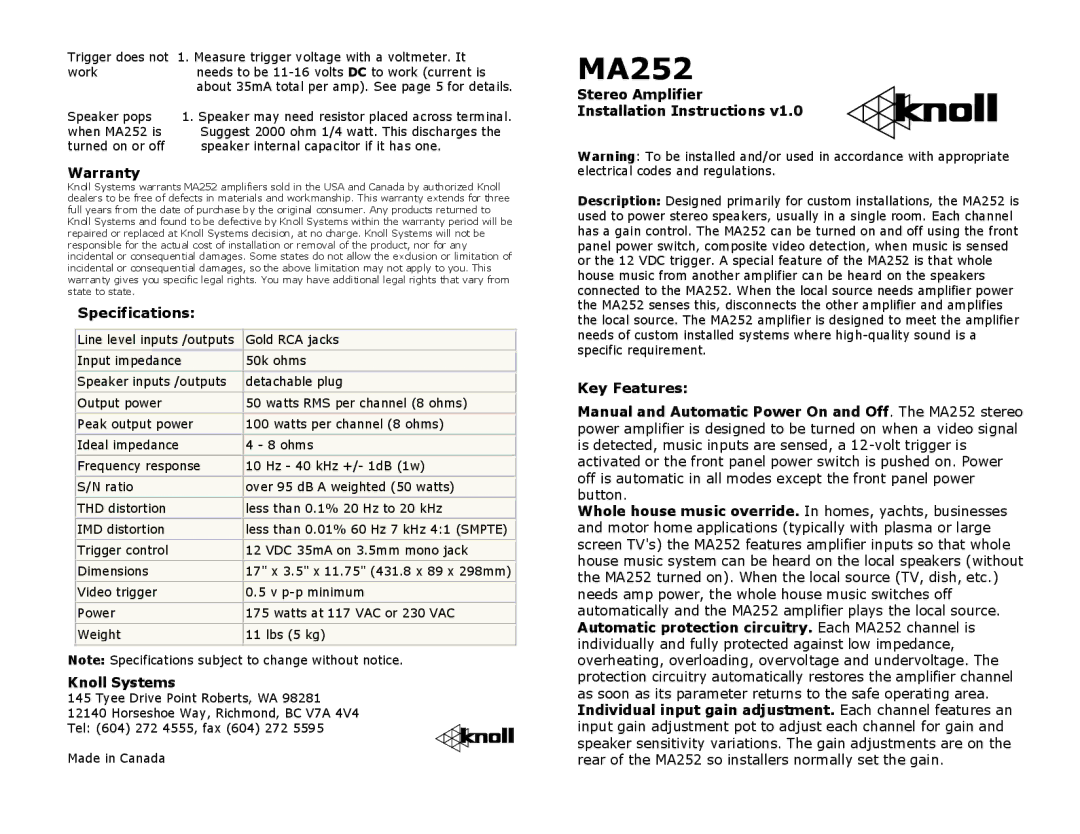 Knoll Systems MA252 specifications Warranty, Knoll Systems, Stereo Amplifier Installation Instructions 