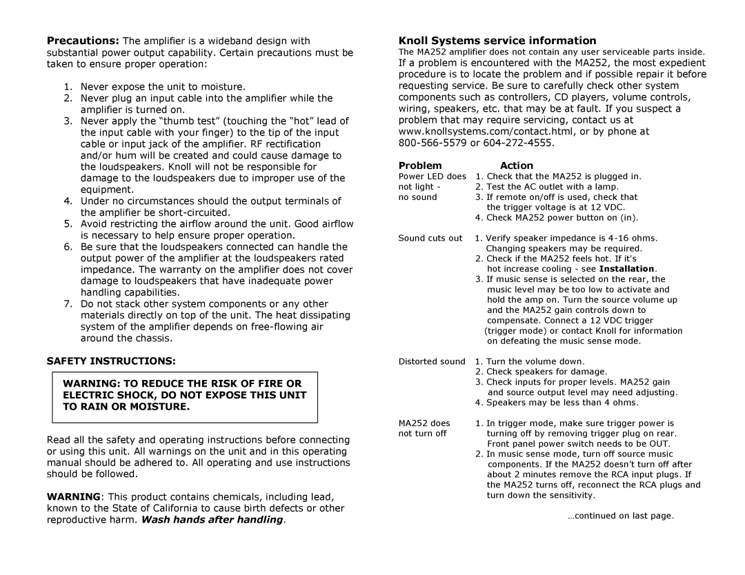 Knoll Systems MA252 specifications Knoll Systems service information, Problem Action 