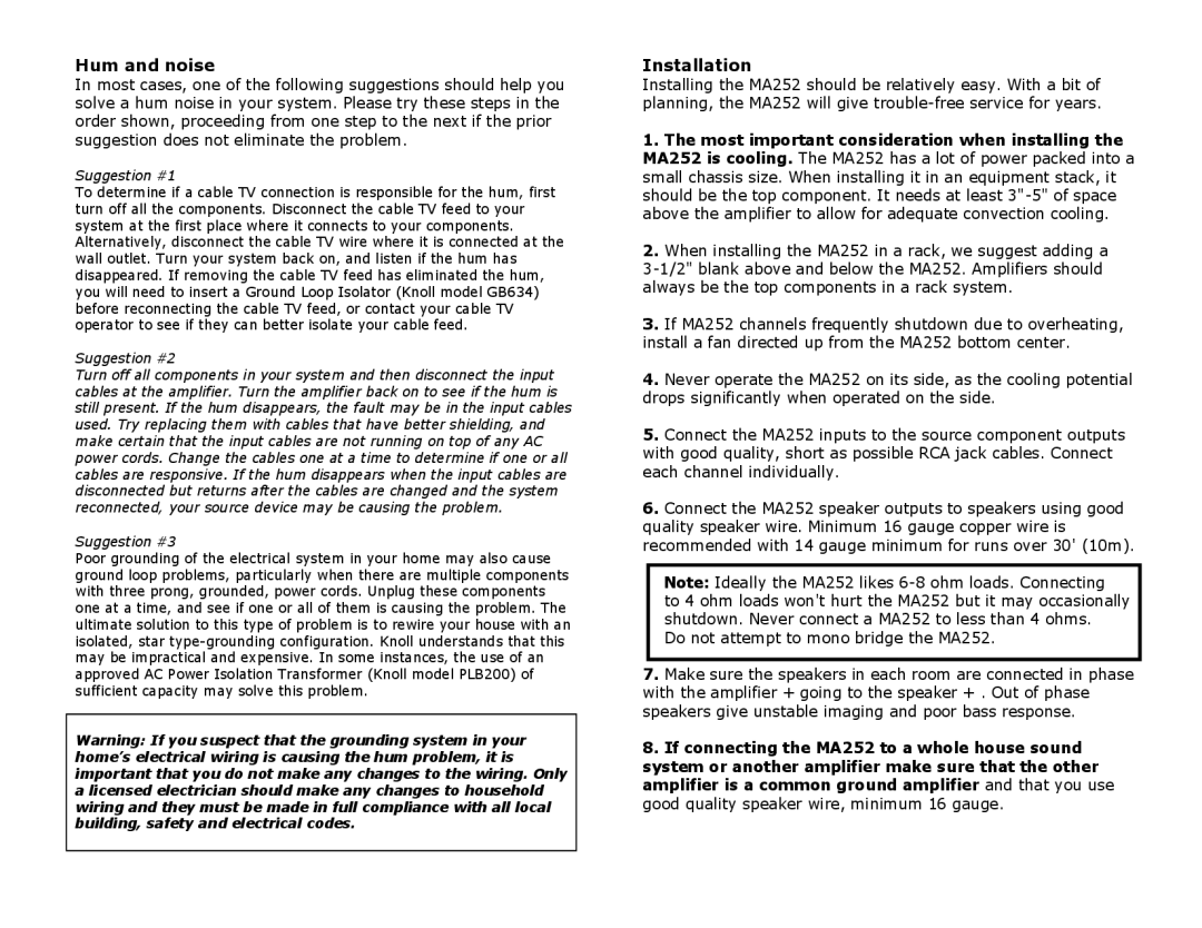 Knoll Systems MA252 specifications Hum and noise, Installation 