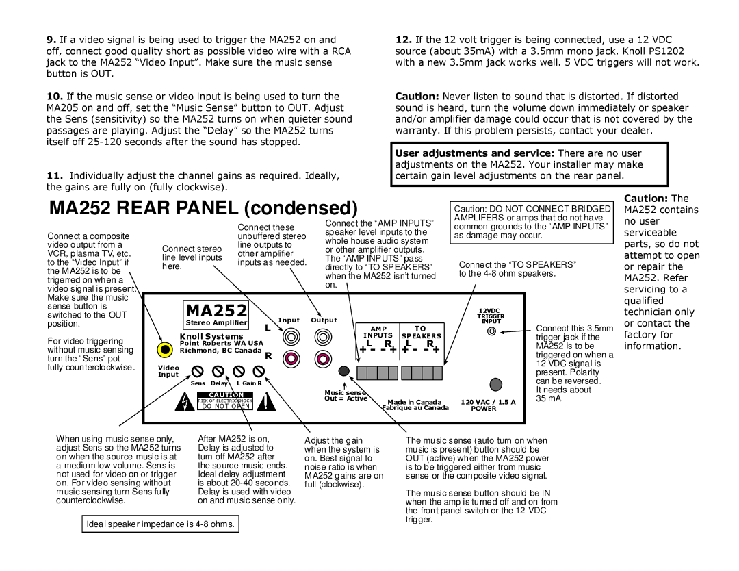 Knoll Systems specifications MA252 Rear Panel condensed, User adjustments and service There are no user 