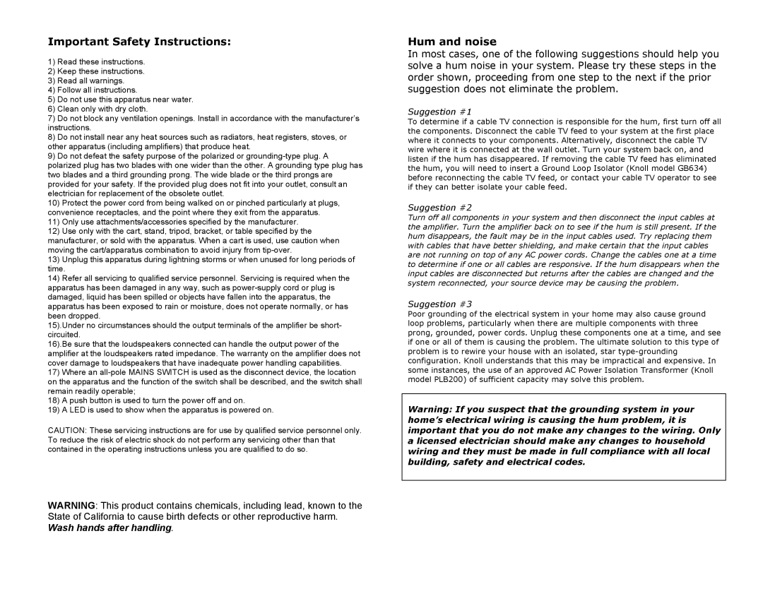 Knoll Systems MR1250F specifications Important Safety Instructions, Hum and noise 