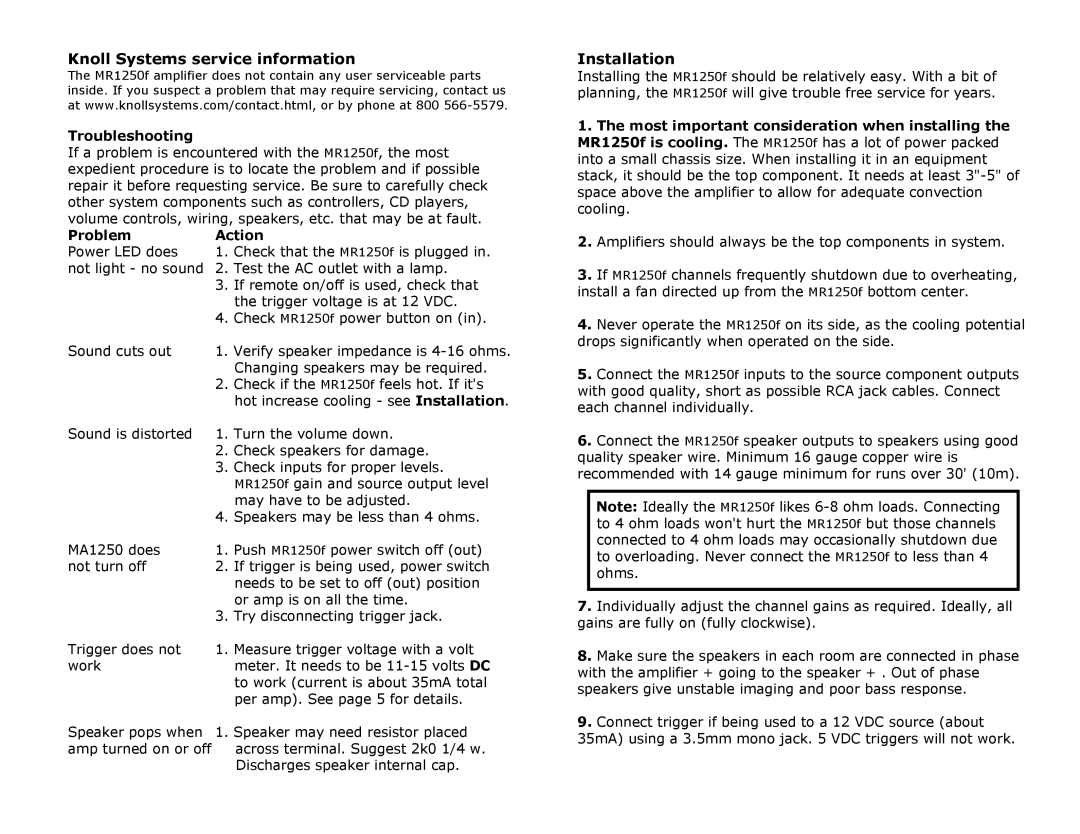 Knoll Systems MR1250F specifications Knoll Systems service information, Installation, Troubleshooting, Problem Action 