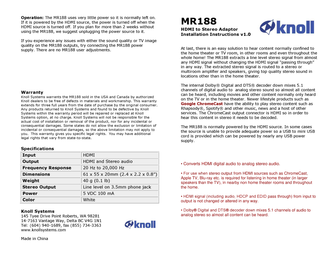 Knoll Systems MR188 warranty Warranty, Specifications Input, Hdmi to Stereo Adaptor Installation Instructions 