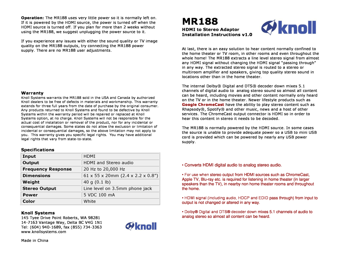 Knoll Systems MR188 warranty 