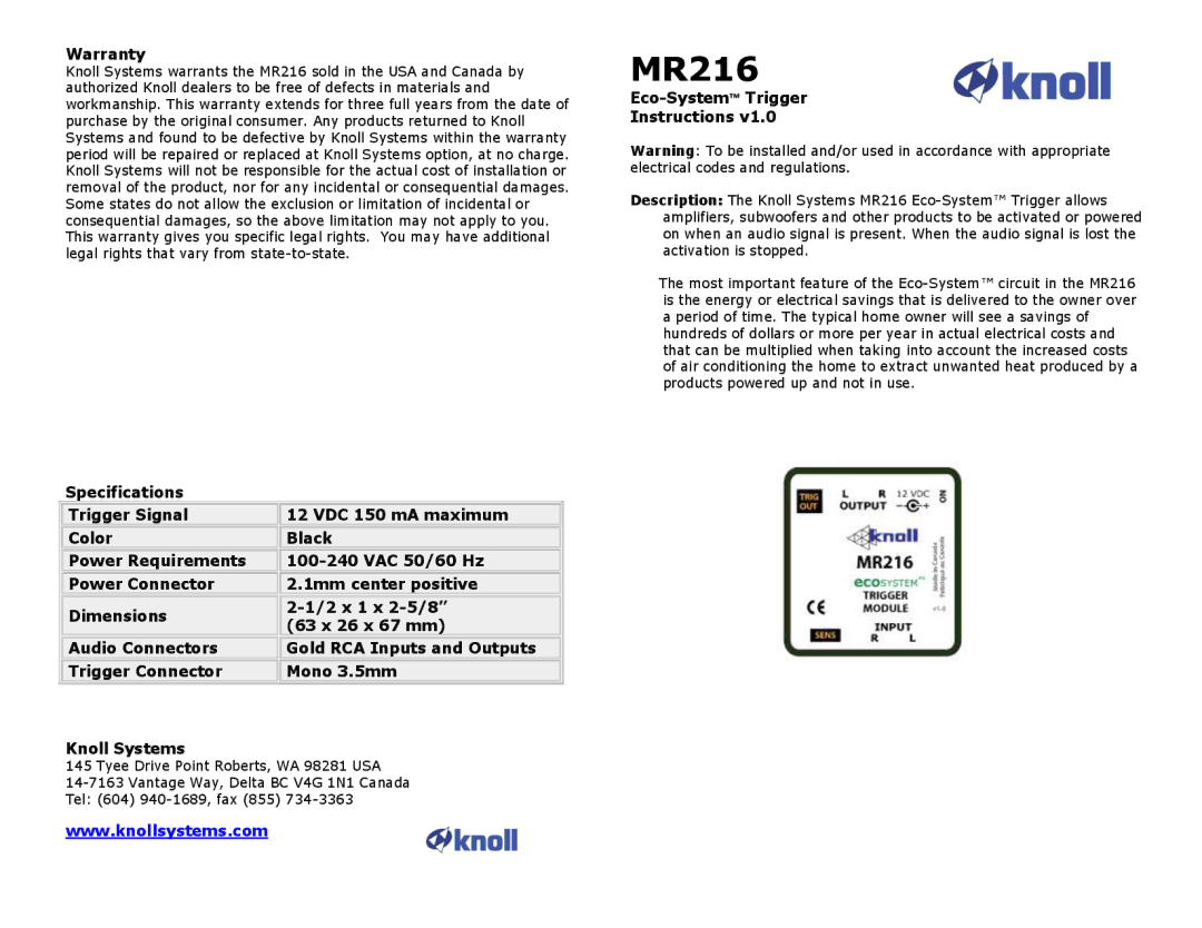 Knoll Systems MR216 warranty Warranty, Eco-SystemTrigger Instructions 