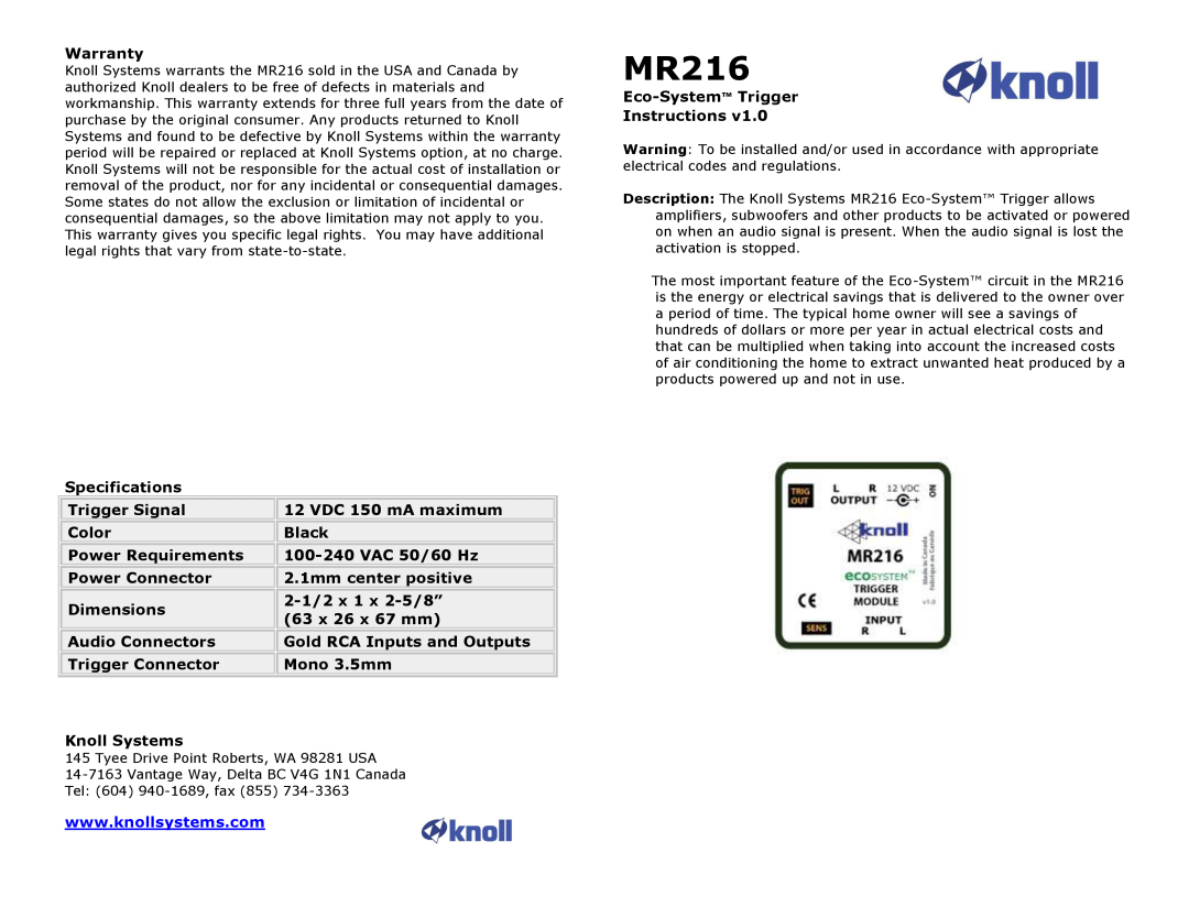 Knoll Systems MR216 warranty 