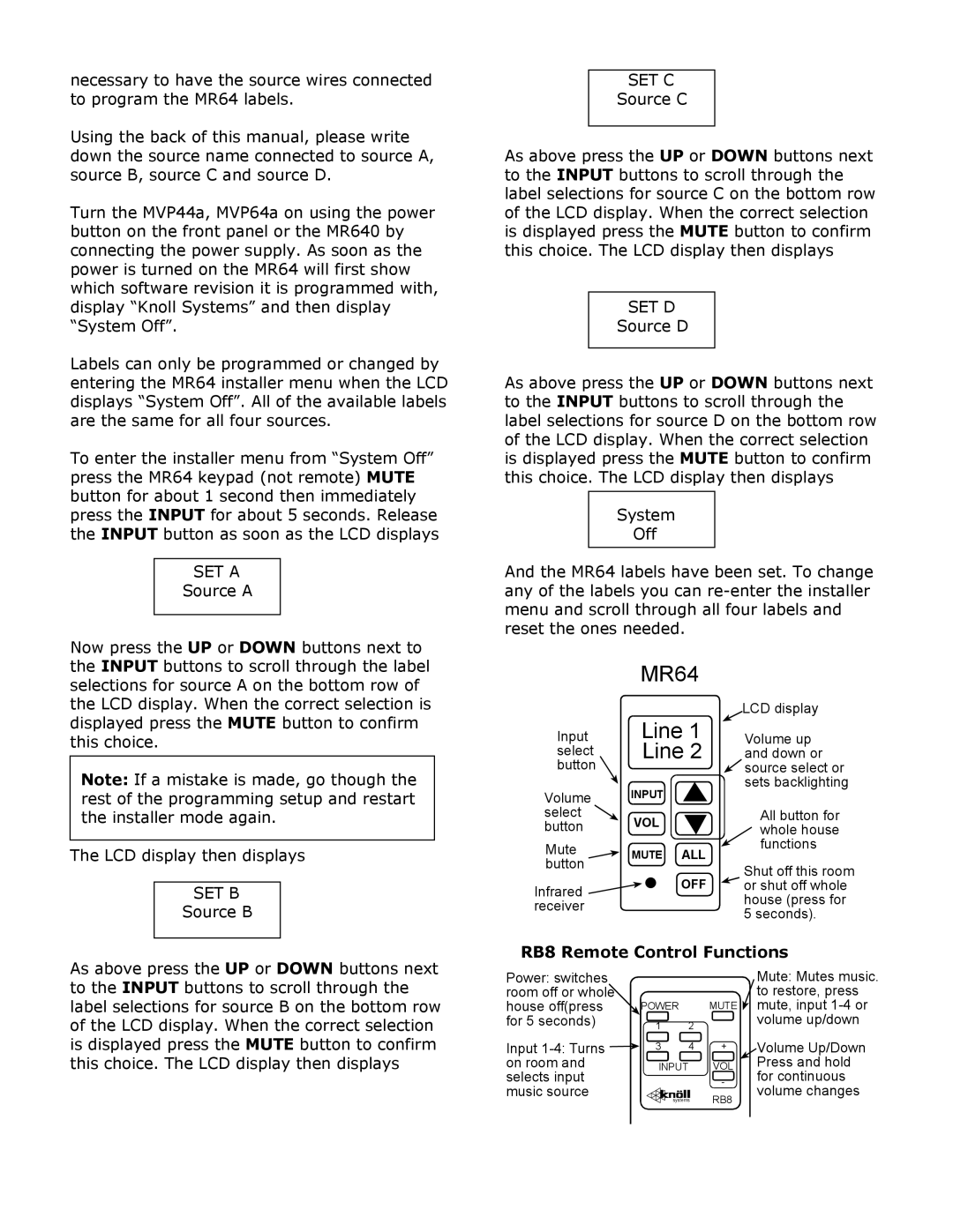 Knoll Systems MR64 installation instructions SET a, RB8 Remote Control Functions 