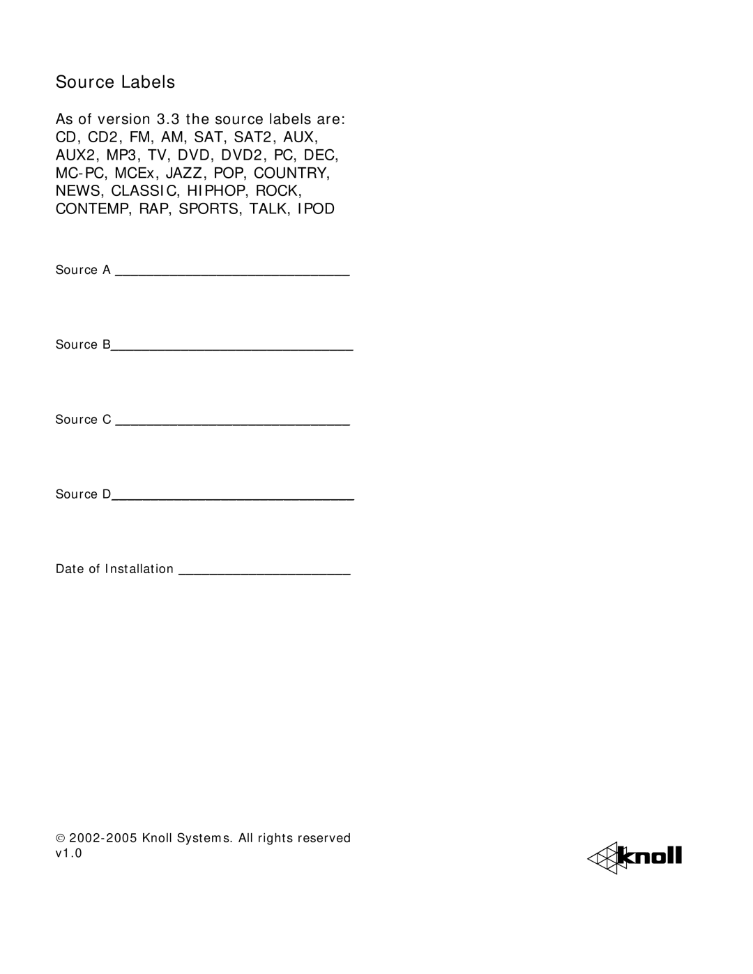 Knoll Systems MR64 installation instructions Source Labels 