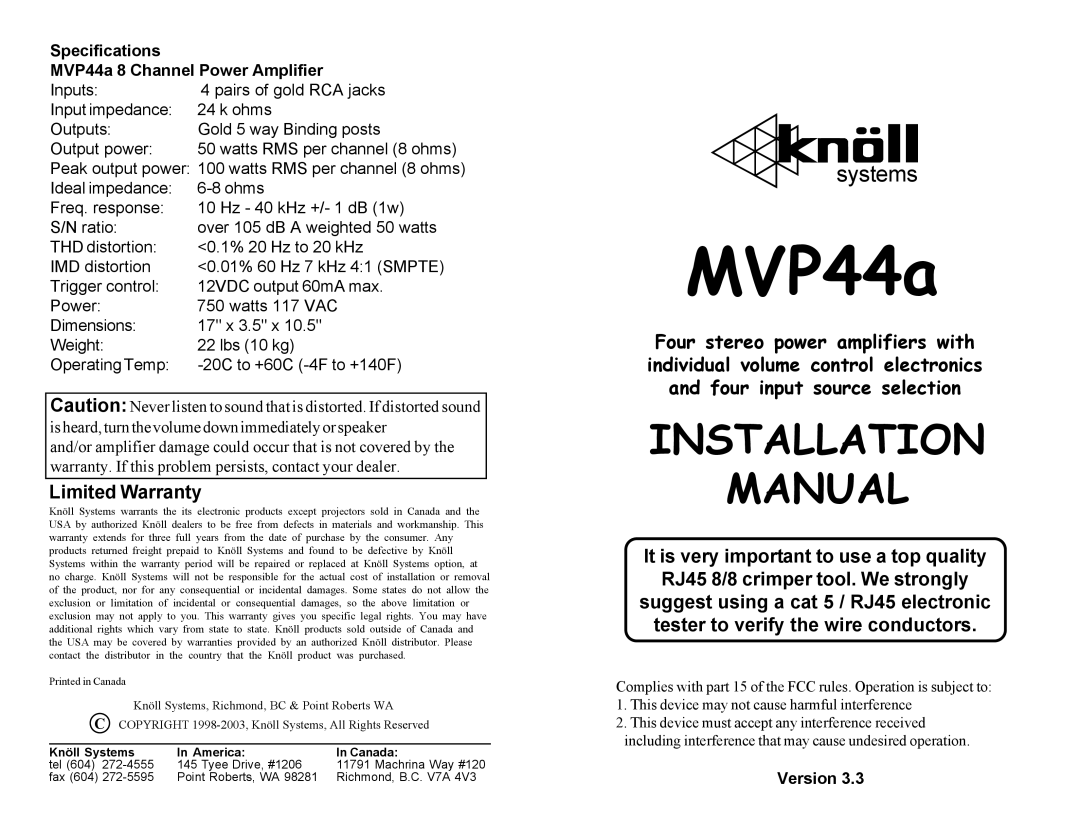 Knoll Systems installation manual Limited Warranty, Specifications MVP44a 8 Channel Power Amplifier, Version 