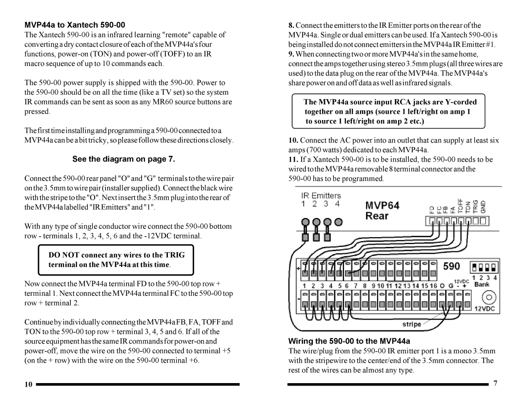 Knoll Systems installation manual MVP44a to Xantech, See the diagram on, Wiring the 590-00 to the MVP44a 