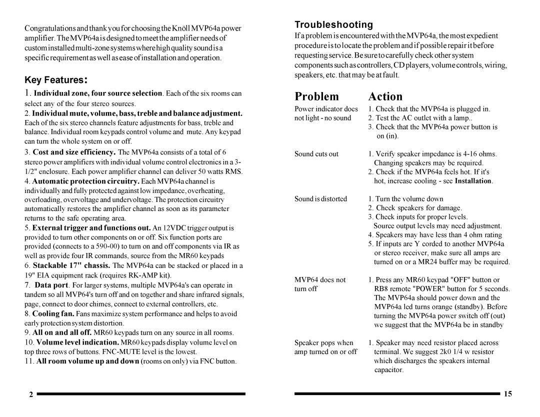 Knoll Systems MVP64A installation manual Key Features, Troubleshooting 