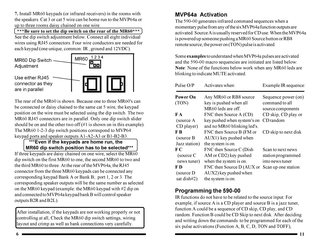 Knoll Systems MVP64A installation manual MVP64a Activation, Programming, Power On 