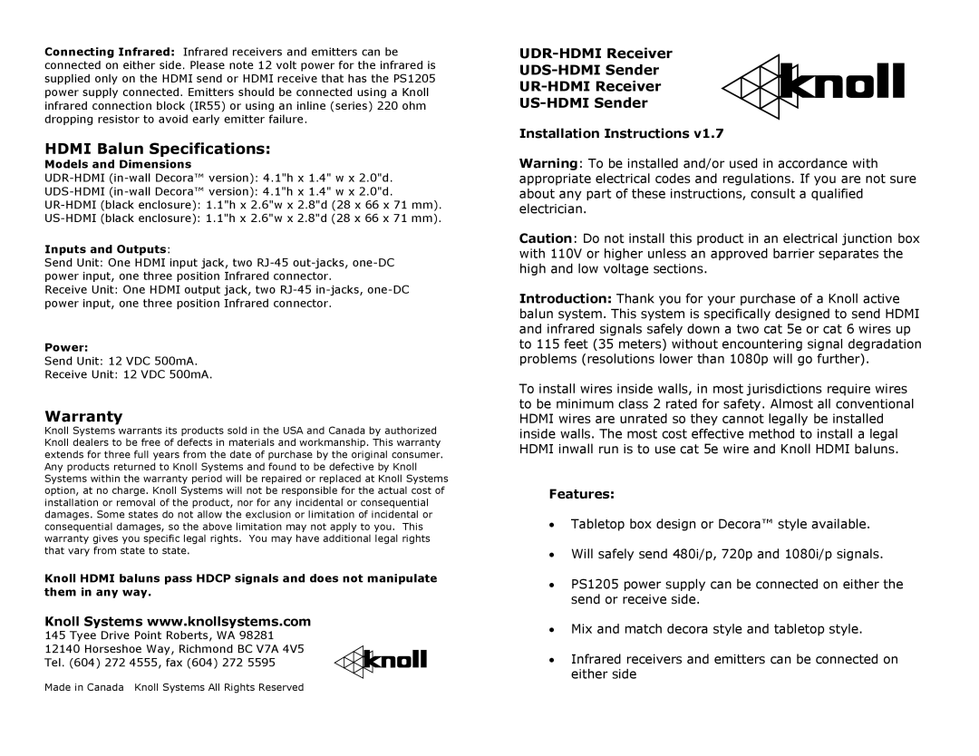 Knoll Systems UDR-HDMI, UR-HDMI, UDS-HDMI warranty Hdmi Balun Specifications, Warranty, Installation Instructions, Features 