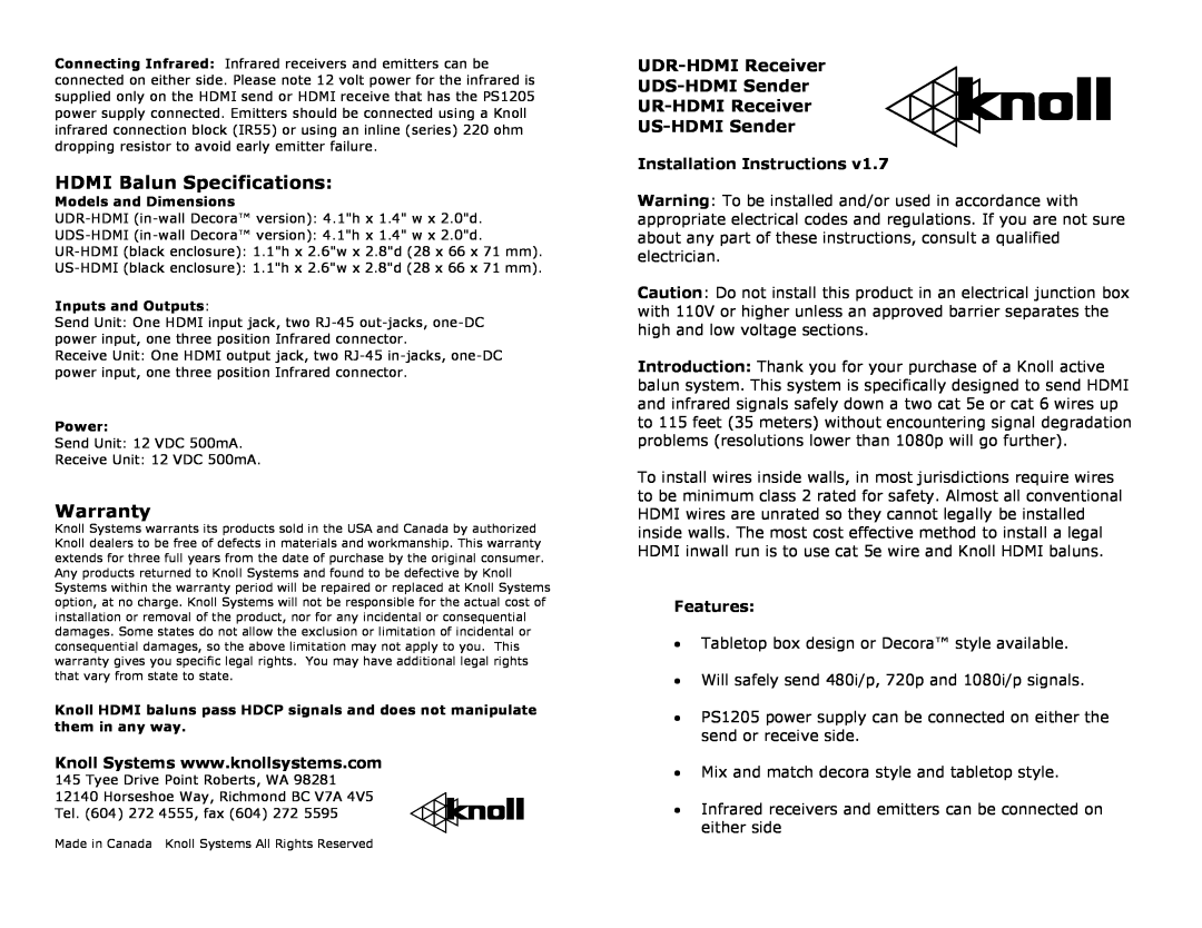 Knoll Systems UDR-HDMI, UR-HDMI, UDS-HDMI warranty HDMI Balun Specifications, Warranty, Installation Instructions, Features 