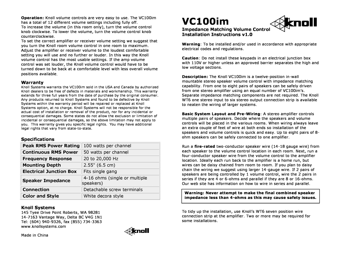 Knoll Systems VC100IM warranty VC100im 