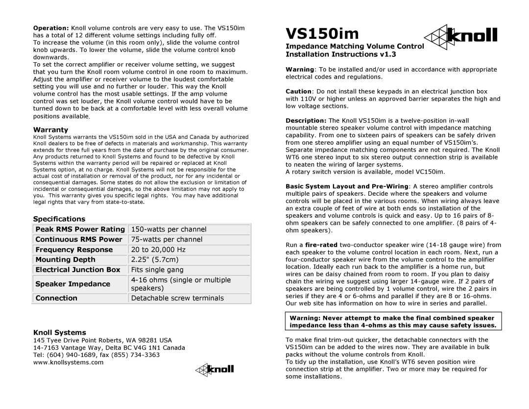 Knoll Systems VS150IM warranty VS150im 